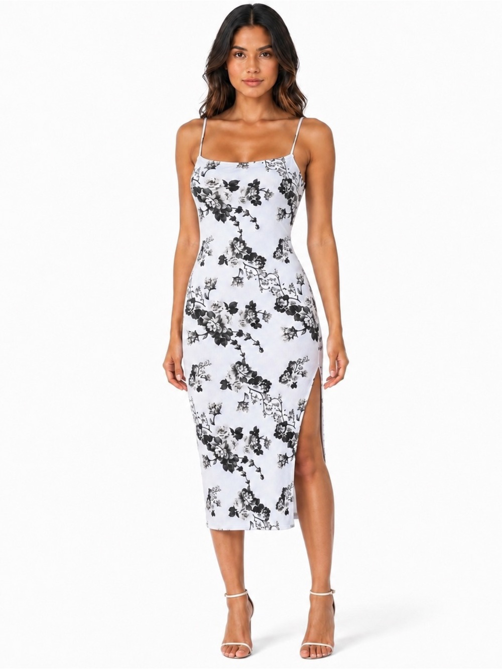 Black and Cream Floral Ribbed Bodycon Midi Dress Square Neck size Large EUC